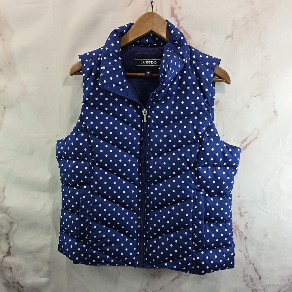 Lands End Vest Womens Medium Blue Down Puffer Polka Dot Insulated Quilted Goose